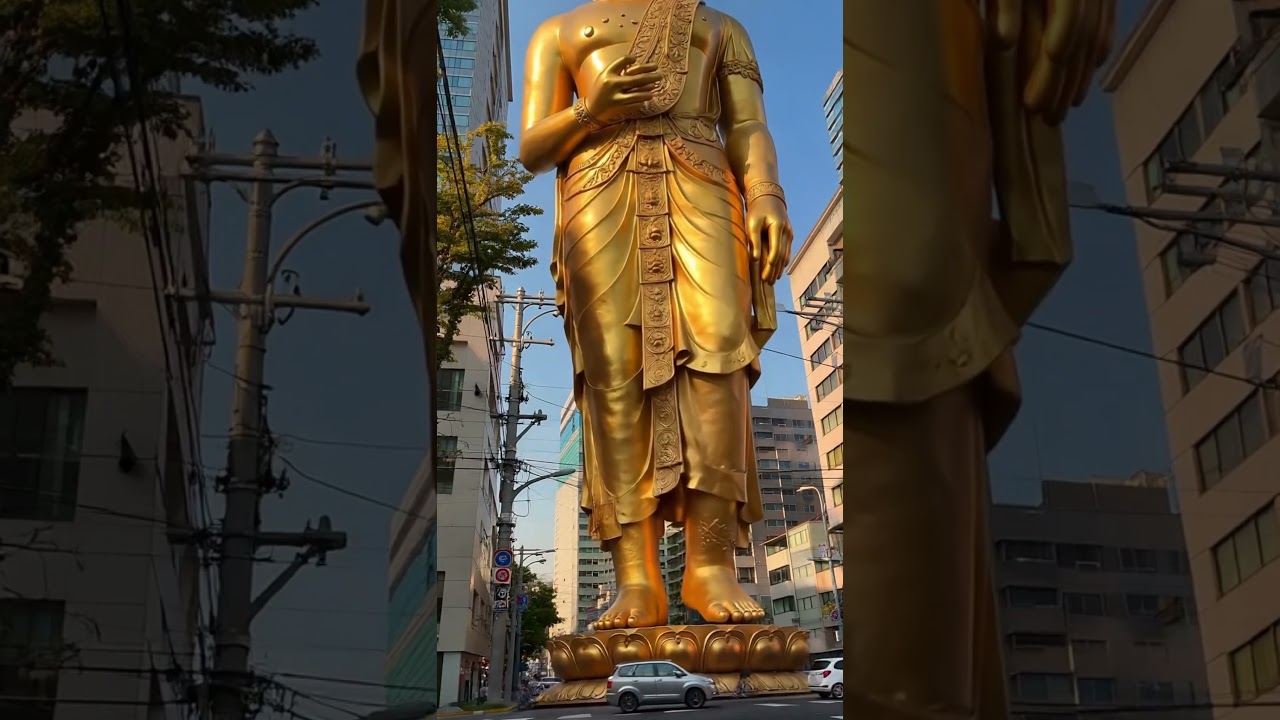 Golden Buddha Statue Walking City Streets